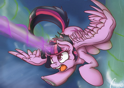 Size: 900x636 | Tagged: safe, artist:mistydash, twilight sparkle, alicorn, pony, g4, action pose, chest fluff, female, fight, flying, glowing horn, horn, magic, magic blast, mare, open mouth, solo, spread wings, twilight sparkle (alicorn), underhoof, wings