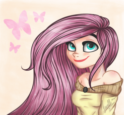 Size: 2700x2500 | Tagged: safe, artist:pastelflakes, fluttershy, human, g4, clothes, female, high res, humanized, looking at you, off shoulder, smiling, solo, sweater, sweatershy