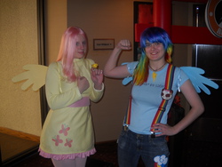 Size: 3648x2736 | Tagged: safe, fluttershy, rainbow dash, human, g4, cosplay, high res, irl, irl human, photo, suspenders