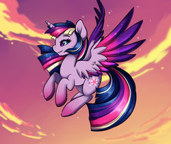 Size: 2500x2100 | Tagged: safe, artist:lustrous-dreams, twilight sparkle, alicorn, pony, g4, female, grin, high res, mare, rainbow power, sky, smiling, solo, sparkles, spread wings, twilight sparkle (alicorn)