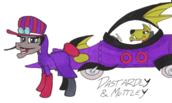 Size: 918x551 | Tagged: safe, artist:brokenhero0409, dick dastardly, muttley, ponified, the mean machine, wacky races