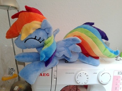 Size: 2560x1920 | Tagged: safe, artist:dieentexd, artist:fafatacle, rainbow dash, g4, eyes closed, irl, photo, plushie, prone, sewing machine, solo