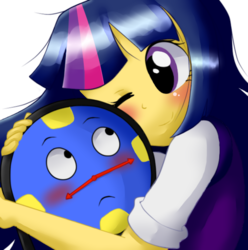 Size: 595x600 | Tagged: safe, artist:roselladoll1, twilight sparkle, human, crack shipping, cute, don't hug me i'm scared, humanized, shipping, tony the talking clock, twiclock