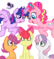 Size: 595x650 | Tagged: safe, artist:roselladoll1, apple bloom, pinkie pie, scootaloo, sweetie belle, twilight sparkle, alicorn, pony, g4, cutie mark crusaders, don't hug me i'm scared, female, mare, this will end in tears and/or death, twilight sparkle (alicorn)