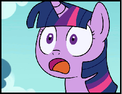 Size: 575x448 | Tagged: safe, artist:madmax, twilight sparkle, g4, inspiration manifestation, animated, female, not sure if want, open mouth, reaction image, smiling, solo, twitch, wide eyes