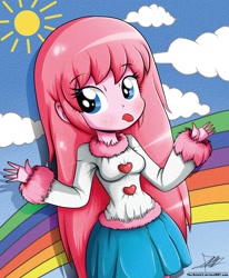 Size: 1280x1551 | Tagged: safe, artist:the-butch-x, oc, oc only, oc:fluffle puff, equestria girls, g4, blue skirt, blue sky, blushing, breasts, busty fluffle puff, clothes, cloud, cute, equestria girls-ified, female, looking at you, rainbow, skirt, sky, solo, sun, sweater, tongue out, white sweater