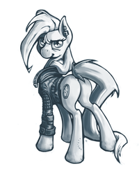 Size: 735x920 | Tagged: safe, artist:kalemon, oc, oc only, earth pony, pony, fallout equestria, bite mark, butt, clothes, dirty, ear piercing, earring, eyelashes, fallout, female, grayscale, jacket, long tail, looking at you, looking back, looking back at you, monochrome, piercing, plot, raised eyebrow, raised tail, simple background, smiling, smiling at you, smirk, solo, white background