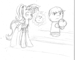 Size: 1280x1031 | Tagged: safe, artist:theskitzogamer, allie way, pony, unicorn, g4, bowling ball, magic, mii, monochrome, sketch