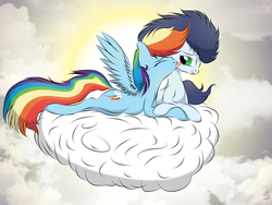 Size: 3072x2304 | Tagged: safe, artist:v-d-k, rainbow dash, soarin', g4, cloud, cloudy, eyes closed, female, heart, high res, kissing, lying, male, ship:soarindash, shipping, smiling, straight