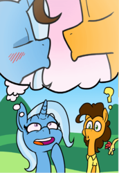 Size: 1280x1856 | Tagged: safe, artist:grandpalove, edit, boneless, cheese sandwich, trixie, g4, blushing, cheesixie, female, imminent kissing, kissing, male, shipping, straight, thought bubble, trixie's cheesy thought