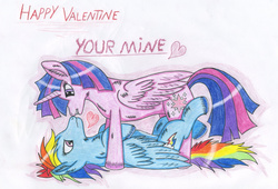 Size: 3216x2192 | Tagged: safe, artist:delapsus1992, rainbow dash, twilight sparkle, alicorn, pony, g4, female, heart, high res, lesbian, mare, on back, ship:twidash, shipping, traditional art, twilight sparkle (alicorn), valentine's day