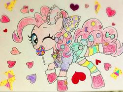 Size: 568x426 | Tagged: safe, artist:momo, pinkie pie, ask harajukupinkiepie, g4, clothes, cute, diapinkes, female, lollipop, solo, wink