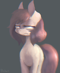 Size: 900x1101 | Tagged: dead source, safe, artist:berrydrops, oc, oc only, oc:pocket, earth pony, pony, chromatic aberration, dejected, female, mare, melancholy, simple background, solo