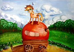 Size: 1540x1093 | Tagged: safe, artist:x-raydistorted, applejack, g4, apple, bandaid, female, food, painting, size difference, solo, traditional art, wagon