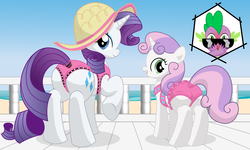 Size: 18000x10800 | Tagged: safe, artist:xniclord789x, rarity, spike, sweetie belle, pony, unicorn, g4, absurd resolution, beach, bikini, blushing, butt, clothes, cute, female, hat, male, mare, nosebleed, observer, plot, plot pair, rear view, rearity, ship:sparity, ship:spikebelle, shipping, sparibelle, straight, sunglasses, sweetie butt, swimsuit