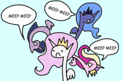 Size: 600x398 | Tagged: safe, artist:wollap, princess cadance, princess celestia, princess luna, twilight sparkle, alicorn, pony, g4, alicorn tetrarchy, alicorns everywhere, blue background, comic, frown, meep, meep meep, pink-mane celestia, simple background, twilight sparkle (alicorn), wat