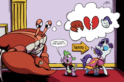 Size: 1550x1030 | Tagged: dead source, safe, artist:lovelyneckbeard, rarity, spike, oc, oc:tom the crab, crab, giant crab, g4, crabzoned, flower, i can't believe it's not idw, rejection, shipping, shipping denied, theater