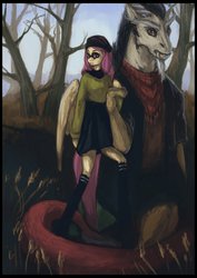 Size: 751x1063 | Tagged: safe, artist:elkaart, discord, fluttershy, anthro, g4, clothes, female, glasses, male, ship:discoshy, shipping, straight