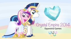 Size: 1240x680 | Tagged: safe, artist:dm29, princess cadance, shining armor, equestria games (episode), g4, armor, clothes, crystal heart, dress, duo, equestria games, looking at you, olympic rings, smiling
