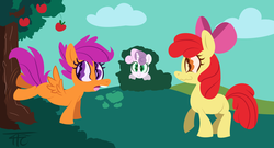 Size: 1300x700 | Tagged: dead source, safe, artist:php92, apple bloom, scootaloo, sweetie belle, earth pony, pegasus, pony, unicorn, g4, apple, bucking, cutie mark crusaders, tree