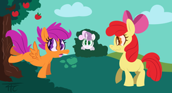 Size: 1300x700 | Tagged: dead source, safe, artist:php92, apple bloom, scootaloo, sweetie belle, earth pony, pegasus, pony, unicorn, g4, apple, apple/apples falling, bucking, cutie mark crusaders, tree