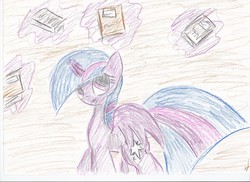 Size: 2338x1700 | Tagged: safe, artist:kvedja, twilight sparkle, alicorn, pony, g4, book, female, magic, mare, solo, telekinesis, traditional art, twilight sparkle (alicorn)