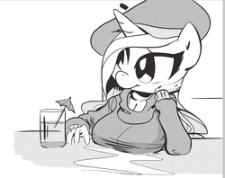 Size: 1213x960 | Tagged: safe, artist:tess, rarity, anthro, g4, beatnik rarity, big breasts, black and white, breast rest, breasts, busty rarity, clothes, cocktail umbrella, female, glass, grayscale, hat, leaning, monochrome, smiling, solo, sweater