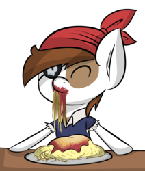 Size: 2200x2600 | Tagged: safe, artist:fa-brony, pipsqueak, earth pony, pony, g4, clothes, colt, costume, disguise, eyepatch, foal, food, happy, high res, male, pasta, pipsqueak eating spaghetti, simple background, solo, spaghetti, transparent background