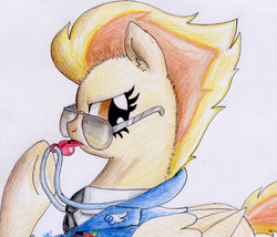 Size: 516x441 | Tagged: safe, artist:snugglejubilee, spitfire, pegasus, pony, g4, wonderbolts academy, blowing whistle, clothes, female, mare, mouth hold, necktie, rainbow dashs coaching whistle, solo, spitfire's tie, sunglasses, traditional art, uniform, whistle, wonderbolts dress uniform