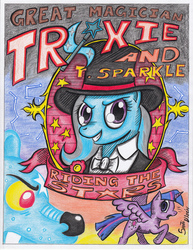 Size: 2552x3300 | Tagged: safe, artist:santi-dleon, trixie, twilight sparkle, alicorn, pony, ursa minor, g4, 2014, bowtie, chase, colored pencil drawing, featured image, female, grin, high res, mare, open mouth, poster, running, scared, smiling, spread wings, traditional art, twilight sparkle (alicorn), wide eyes