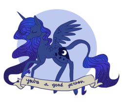 Size: 1637x1425 | Tagged: dead source, safe, artist:tinyfeather, princess luna, classical unicorn, g4, eyes closed, female, horn, leonine tail, motivational, old banner, positive message, positive ponies, solo