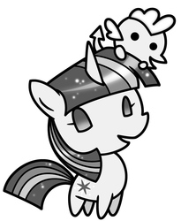 Size: 789x963 | Tagged: safe, artist:sechst_himmel, spike, twilight sparkle, g4, chibi, grayscale, monochrome, pixiv