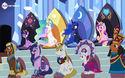 Size: 699x437 | Tagged: safe, screencap, amira, duchess of maretonia, haakim, neighbuchadnezzar, prince blueblood, princess cadance, princess celestia, princess luna, twilight sparkle, alicorn, pony, saddle arabian, unicorn, equestria games (episode), g4, official, :o, adventure in the comments, alicorn thrones, equestria games, female, frown, height difference, hub logo, ice mirror, male, mare, physique difference, sitting, slender, stallion, stare, tall, the hub, thin, throne, twilight sparkle (alicorn), wide eyes, wrong cutie mark