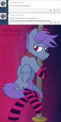 Size: 969x1920 | Tagged: safe, artist:dripponi, oc, oc only, oc:windy dripper, pegasus, pony, adorasexy, ask, butt, clothes, collar, cute, folded wings, grin, looking at you, looking back, looking back at you, male, nervous, nervous smile, plot, pole dancing, sexy, smiling, socks, solo, stallion, stockings, striped socks, stripper pole, thigh highs, tumblr, wings