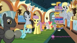 Size: 1453x811 | Tagged: safe, screencap, apple bloom, derpy hooves, helia, parasol, scootaloo, spike, sweetie belle, thunderlane, earth pony, pegasus, pony, equestria games (episode), g4, cutie mark crusaders, female, filly, flying, foal, hub logo, luggage, male, mare, stallion