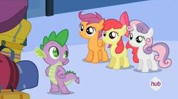 Size: 1451x812 | Tagged: safe, screencap, apple bloom, scootaloo, spike, sweetie belle, dragon, earth pony, pegasus, pony, unicorn, equestria games (episode), g4, cutie mark crusaders, female, filly, foal, group, horn, hub logo, luggage, quartet