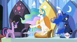 Size: 1452x810 | Tagged: safe, screencap, princess celestia, princess luna, twilight sparkle, alicorn, pony, equestria games (episode), g4, all new, equestria games, female, height difference, hub logo, mare, new crown, physique difference, slender, thin, throne, trio, twilight sparkle (alicorn)