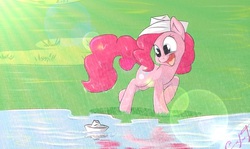 Size: 874x522 | Tagged: safe, artist:s4vin, pinkie pie, g4, cute, diapinkes, female, happy, hat, jullie, open mouth, paper boat, paper hat, rain, reusel-de mierden, solo, water