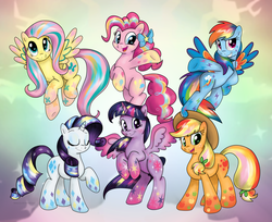 Size: 2184x1784 | Tagged: safe, artist:bswprecious, applejack, fluttershy, pinkie pie, rainbow dash, rarity, twilight sparkle, alicorn, pony, g4, female, mane six, mare, rainbow power, twilight sparkle (alicorn)