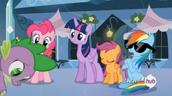 Size: 1454x812 | Tagged: safe, screencap, pinkie pie, rainbow dash, scootaloo, twilight sparkle, alicorn, pony, equestria games, g4, female, hub logo, mare, sunglasses, twilight sparkle (alicorn)