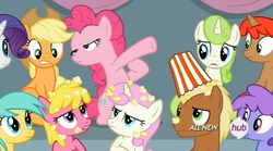 Size: 1452x810 | Tagged: safe, screencap, applejack, cherry berry, cherry spices, meadow song, minty green, pinkie pie, purple skies, rarity, sunshower raindrops, twinkleshine, earth pony, pony, unicorn, equestria games (episode), g4, annoyed, background pony, equestria games, faic, female, hub logo, male, mare, mid-blink screencap, popcorn, stallion