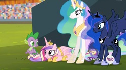 Size: 1453x809 | Tagged: safe, screencap, princess cadance, princess celestia, princess luna, spike, pony, equestria games, g4, hub logo, out of context, the equestria games