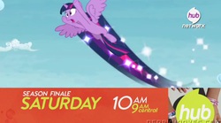 Size: 1081x601 | Tagged: safe, screencap, twilight sparkle, alicorn, pony, g4, twilight's kingdom, female, flight trail, flying, hub logo, mare, solo, speed trail, spread wings, trail, twilight sparkle (alicorn), wings