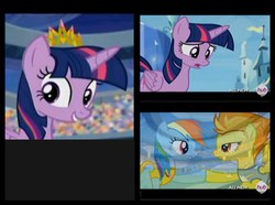 Size: 604x450 | Tagged: safe, screencap, rainbow dash, spitfire, twilight sparkle, alicorn, pony, equestria games, g4, female, hub logo, mare, new crown, the equestria games, twilight sparkle (alicorn)