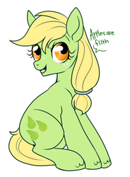 Size: 400x544 | Tagged: safe, artist:lulubell, applejack, g4, blasphemy, evil twin, female, fruit heresy, heresy, hilarious in hindsight, looking up, open mouth, pear, pearesy, pearjack, simple background, sitting, smiling, solo, white background