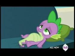 Size: 720x540 | Tagged: safe, screencap, spike, equestria games, g4, belly, chubby, couch, hub logo, male, resting, solo