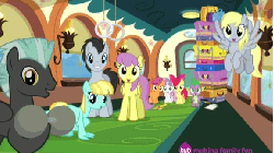 Size: 576x324 | Tagged: safe, screencap, apple bloom, derpy hooves, helia, lucky clover, parasol, scootaloo, spike, sweetie belle, thunderlane, dragon, earth pony, pegasus, pony, unicorn, equestria games (episode), g4, animated, background pony, barbell, cutie mark crusaders, female, filly, flying, foal, horn, hub logo, hubble, luggage, male, mare, stallion, the hub, weights