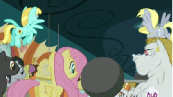 Size: 576x324 | Tagged: safe, screencap, bulk biceps, derpy hooves, fluttershy, helia, lucky clover, parasol, rainbow dash, thunderlane, earth pony, pegasus, pony, equestria games (episode), g4, animated, barbell, female, flying, hub logo, hubble, male, mare, stallion, the hub, weights