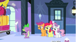 Size: 576x324 | Tagged: safe, screencap, amethyst stone, apple bloom, radiant gold, scootaloo, spike, sweetie belle, crystal pony, dragon, earth pony, pegasus, pony, unicorn, equestria games (episode), g4, animated, armor, chair, crystal guard, crystal guard armor, cutie mark crusaders, female, filly, foal, guard, horn, hub logo, hubble, luggage, male, stallion, the hub