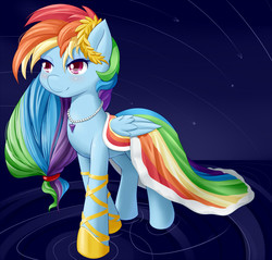 Size: 1045x1000 | Tagged: safe, artist:dstears, rainbow dash, pegasus, pony, g4, the best night ever, clothes, dress, female, gala dress, laurel wreath, solo